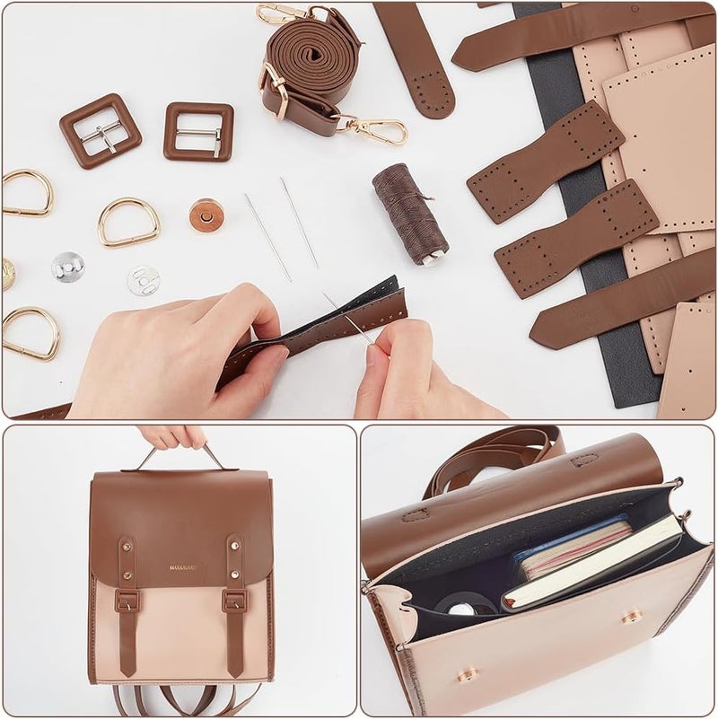 klarako DIY Leather Backpack Satchel Making Kit, PU Leather College School Bookbag Craft Sewing Kit Women Vintage Handmade klarakoger Bag Material Craft Tool Set Personalized Gift, 10.6x12.2 Inch, Brown - Image 3