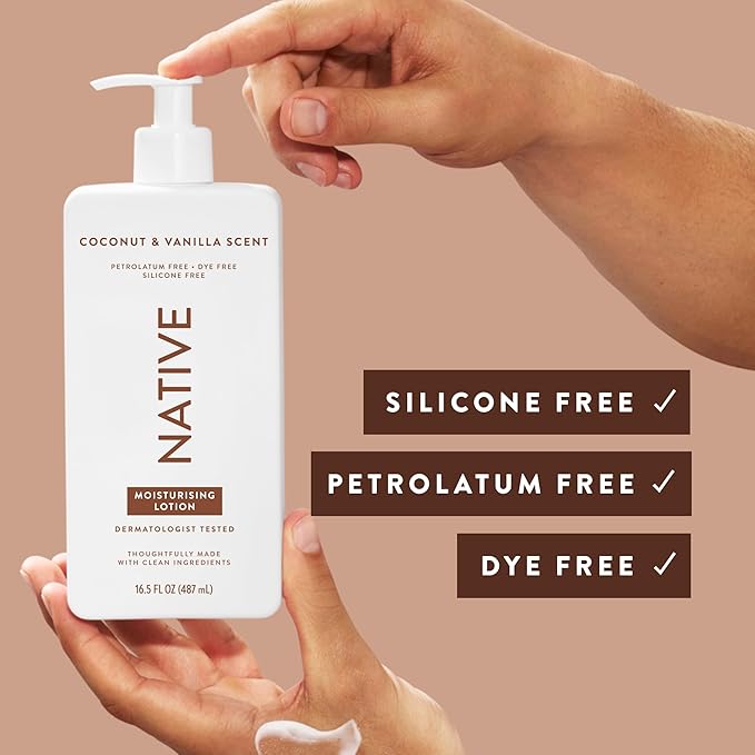 native لوشن الجسم الطبيعي للرجال والنساء خالي من الأصباغ سيليكون معطر بجوز الهند والفانيليا لوشن اليدين مرطب للجسم للبشرة الجافة مستخلص طبيعياً بزبدة الشيا والجلسرين 487 مل - Image 3