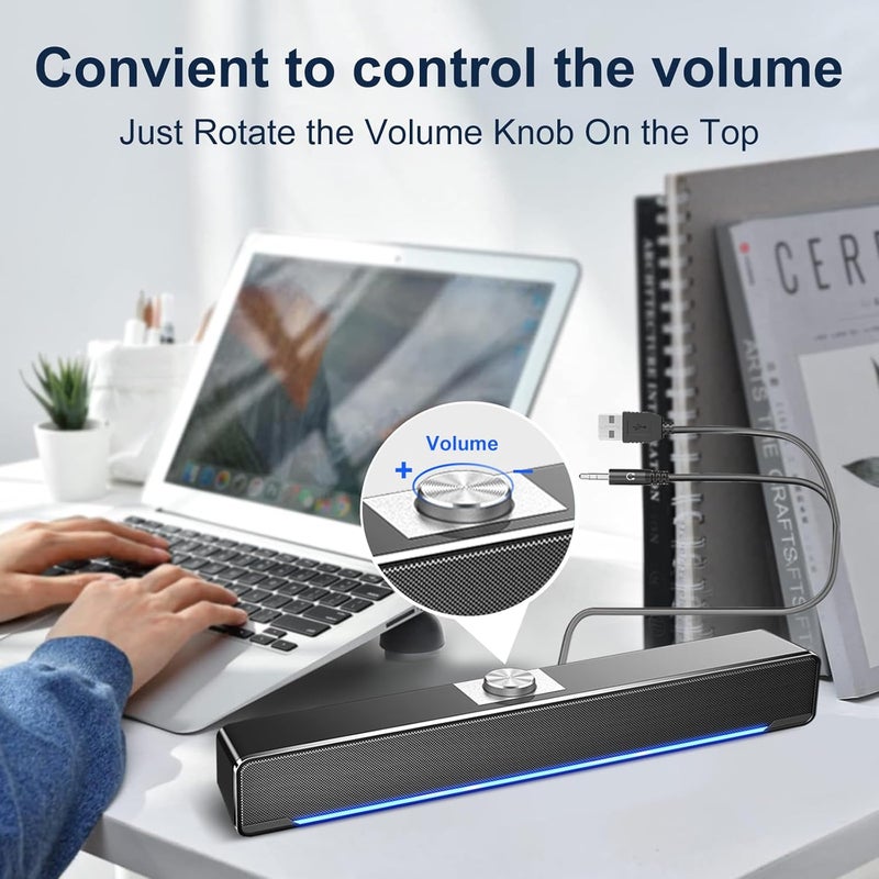 Computer Speakers, 2.0 Stereo USB powered stereo subwoofer, powerful music player, with Blue LED Light and 3.5 mm Aux Connection for PC Laptop Smartphone Tablet MP3 MP4-Knob control - Image 3