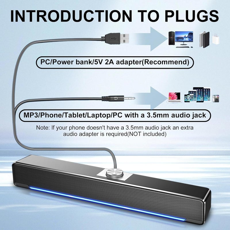 Computer Speakers, 2.0 Stereo USB powered stereo subwoofer, powerful music player, with Blue LED Light and 3.5 mm Aux Connection for PC Laptop Smartphone Tablet MP3 MP4-Knob control - Image 4