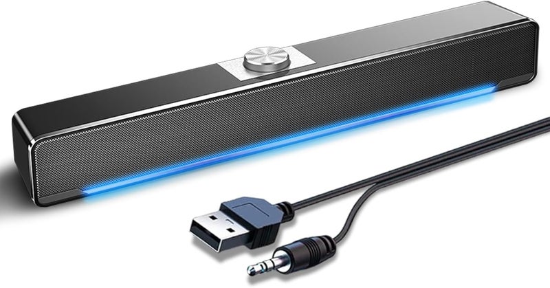 Computer Speakers, 2.0 Stereo USB powered stereo subwoofer, powerful music player, with Blue LED Light and 3.5 mm Aux Connection for PC Laptop Smartphone Tablet MP3 MP4-Knob control - Image 1