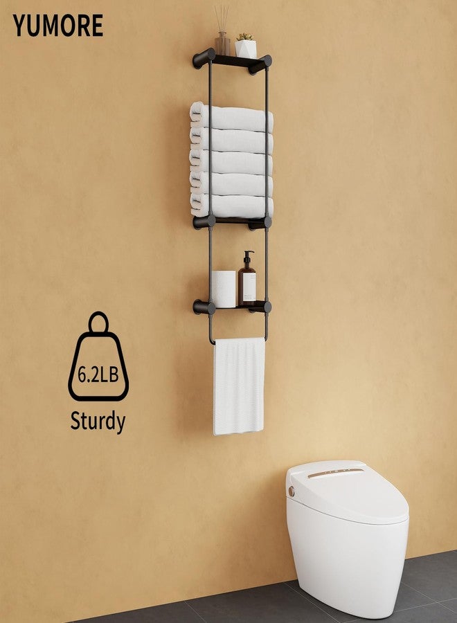 YUMORE Matte Black Towel Storage for Bathroom, 3 Tier Towel Rack with Shelf and Towel Bar, Wall Mounted Towel Racks for Bathroom Towel Storage and Organizer - Image 3
