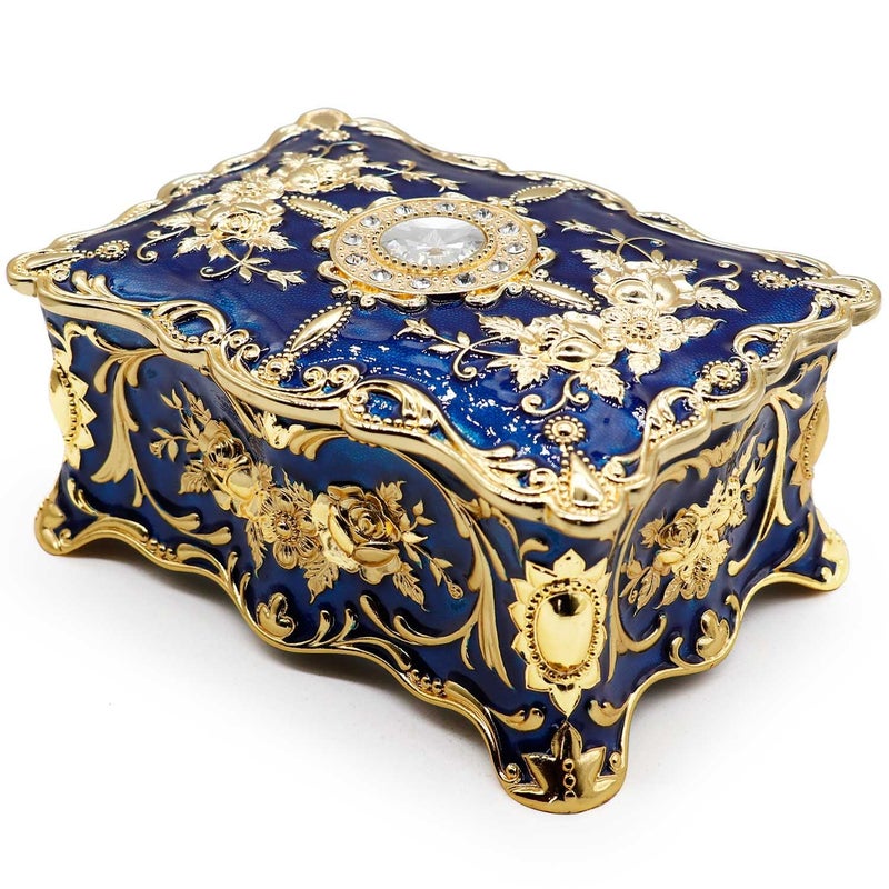 AVESON Luxury Vintage Rectangle Metal Alloy Jewelry Box Trinket Organizer Storage Box with Rose Pattern for Women, Girls, Two-Layer Design, Gold & Blue, Large - Image 1