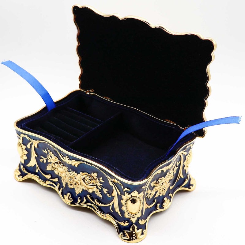 AVESON Luxury Vintage Rectangle Metal Alloy Jewelry Box Trinket Organizer Storage Box with Rose Pattern for Women, Girls, Two-Layer Design, Gold & Blue, Large - Image 4