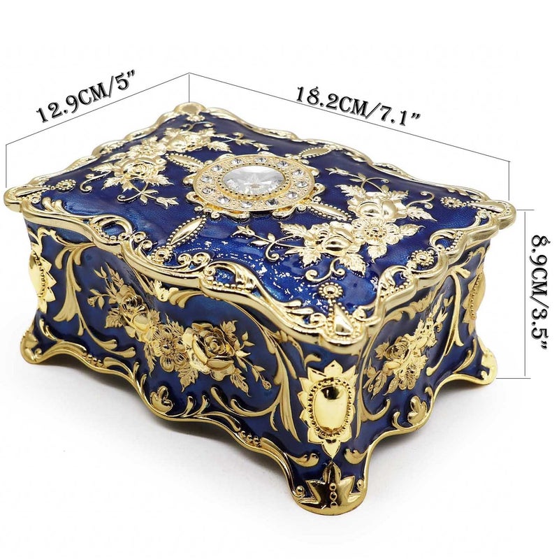 AVESON Luxury Vintage Rectangle Metal Alloy Jewelry Box Trinket Organizer Storage Box with Rose Pattern for Women, Girls, Two-Layer Design, Gold & Blue, Large - Image 3