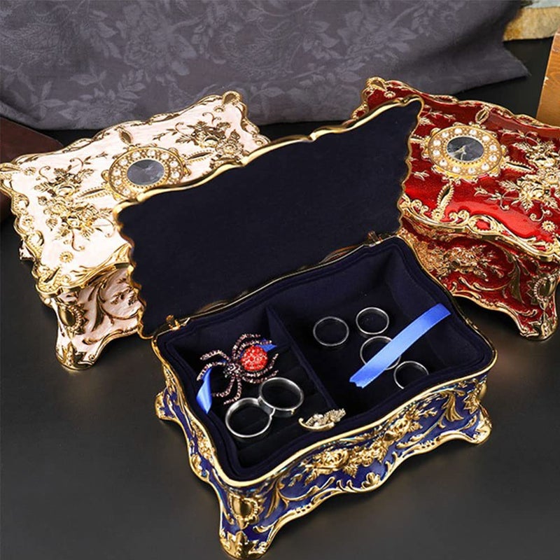 AVESON Luxury Vintage Rectangle Metal Alloy Jewelry Box Trinket Organizer Storage Box with Rose Pattern for Women, Girls, Two-Layer Design, Gold & Blue, Large - Image 2
