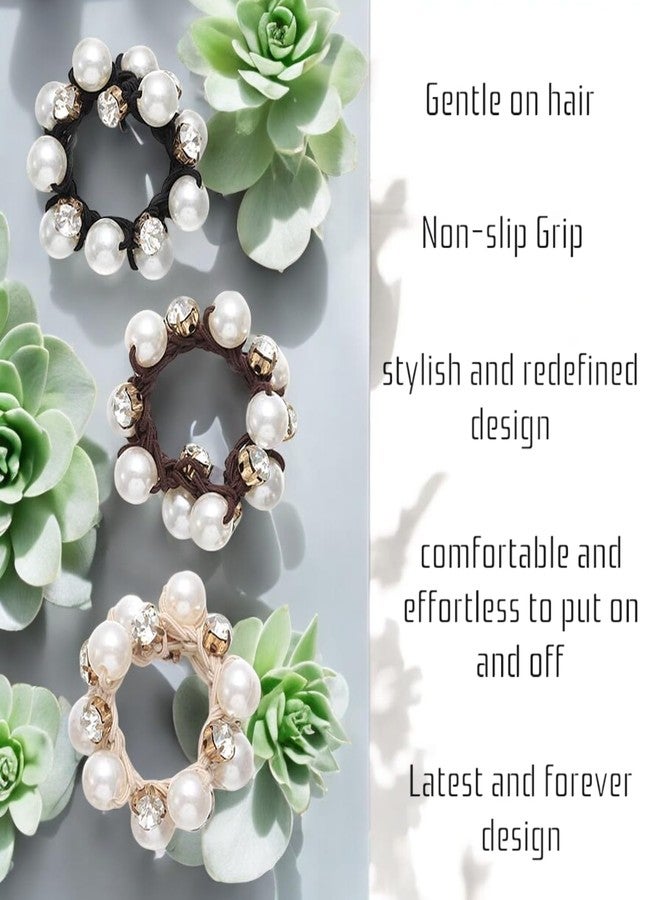Frescorr |Pack of 3| Pearl & Crystal Rhinestone scrunchies | Rubber Band, Hair Ties - Ponytail Holders for Women & Girls | Imitation Pearl Hair Accessories |3 pearl scrunchies| - Image 4