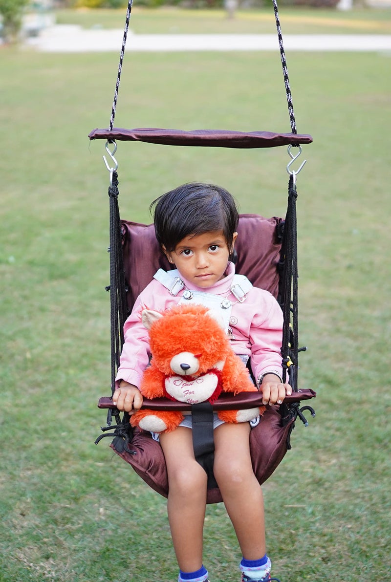 Patiofy Baby Swing/Jhula for Indoor & Outdoor Use - Ideal for 1-5 Years With Safety Belt - Durable & Portable - Brown Cotton, 20 Cm - Image 4