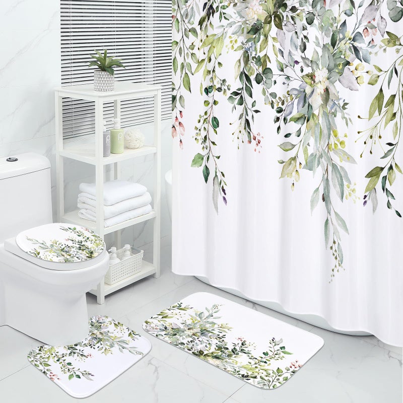MitoVilla 4 Pcs Sage Green Eucalyptus Bath Sets with Shower Curtain, Plant Leaves Rugs for Bathroom Decor - Image 1