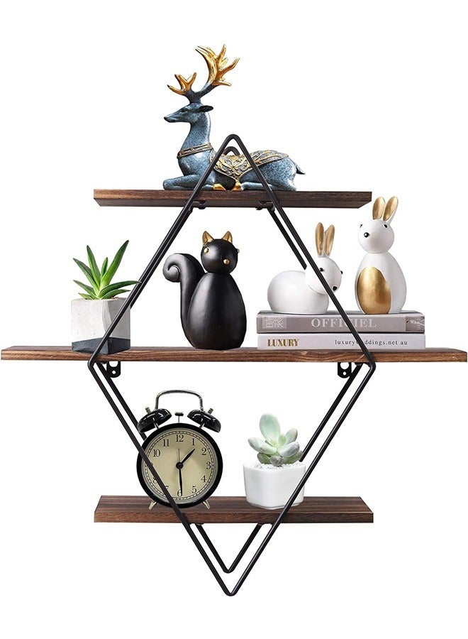 Rustic Floating Shelves Wood Diamond Wall Mounted Shelves Wooden and Metal Decorative Shelf Kitchen Wall Shelves for Living Room Bedroom Kitchen Hallway Office
