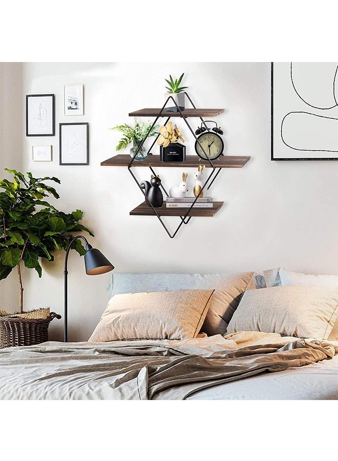 Rustic Floating Shelves Wood Diamond Wall Mounted Shelves Wooden and Metal Decorative Shelf Kitchen Wall Shelves for Living Room Bedroom Kitchen Hallway Office