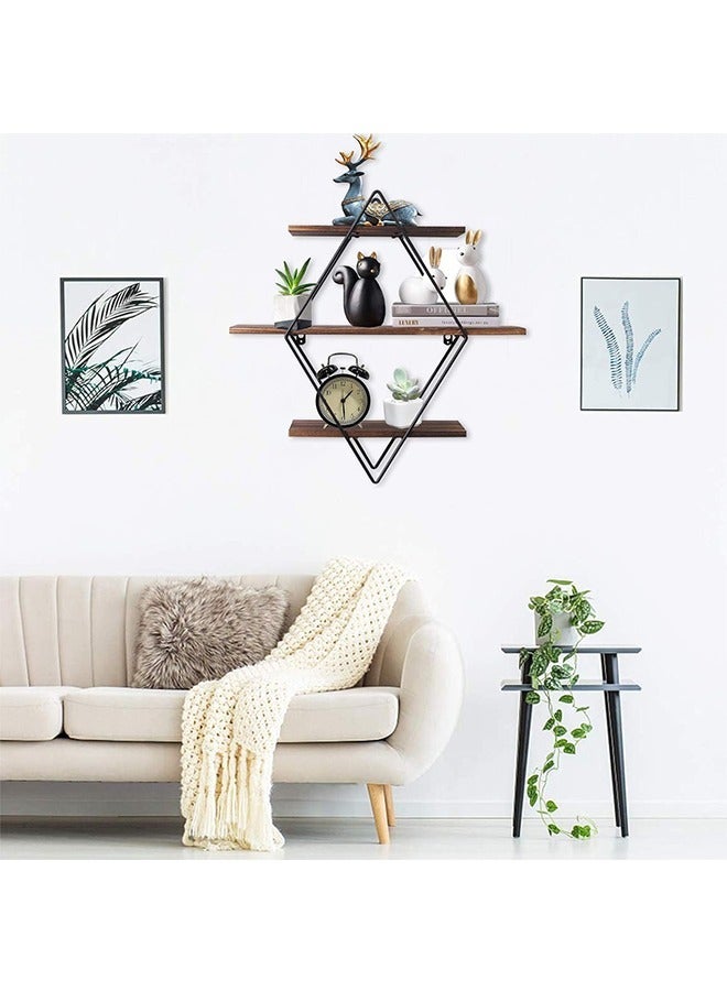 Rustic Floating Shelves Wood Diamond Wall Mounted Shelves Wooden and Metal Decorative Shelf Kitchen Wall Shelves for Living Room Bedroom Kitchen Hallway Office