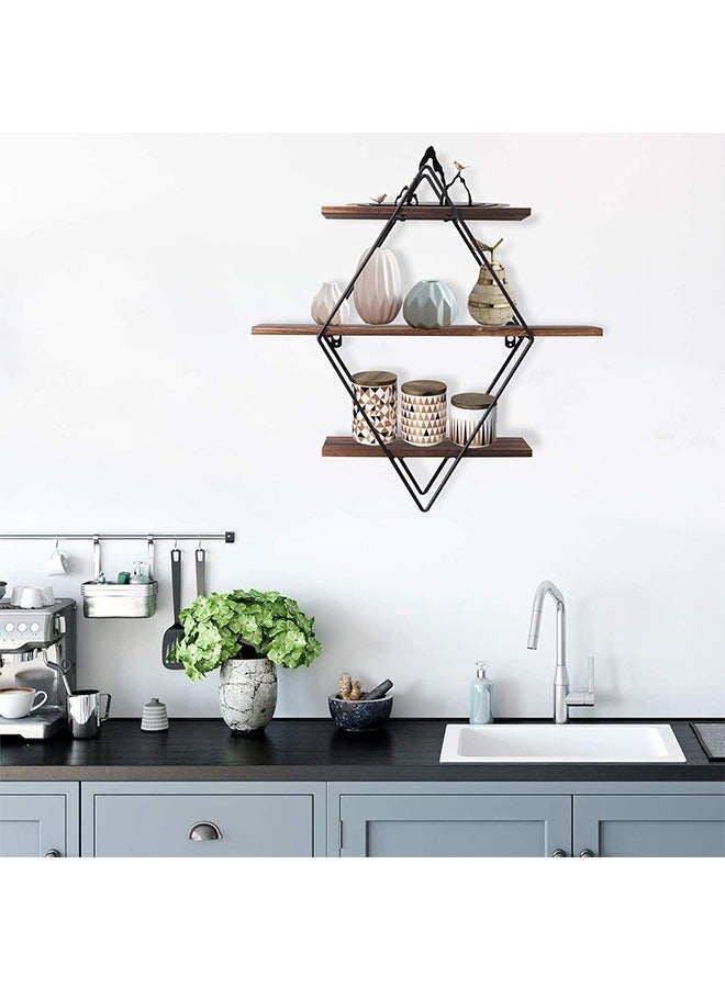 Rustic Floating Shelves Wood Diamond Wall Mounted Shelves Wooden and Metal Decorative Shelf Kitchen Wall Shelves for Living Room Bedroom Kitchen Hallway Office