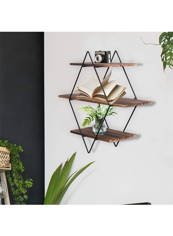 Rustic Floating Shelves Wood Diamond Wall Mounted Shelves Wooden and Metal Decorative Shelf Kitchen Wall Shelves for Living Room Bedroom Kitchen Hallway Office