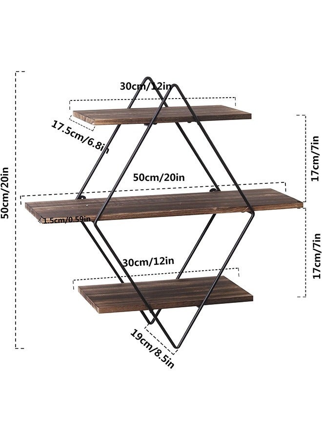 Rustic Floating Shelves Wood Diamond Wall Mounted Shelves Wooden and Metal Decorative Shelf Kitchen Wall Shelves for Living Room Bedroom Kitchen Hallway Office
