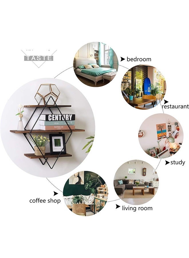 Rustic Floating Shelves Wood Diamond Wall Mounted Shelves Wooden and Metal Decorative Shelf Kitchen Wall Shelves for Living Room Bedroom Kitchen Hallway Office