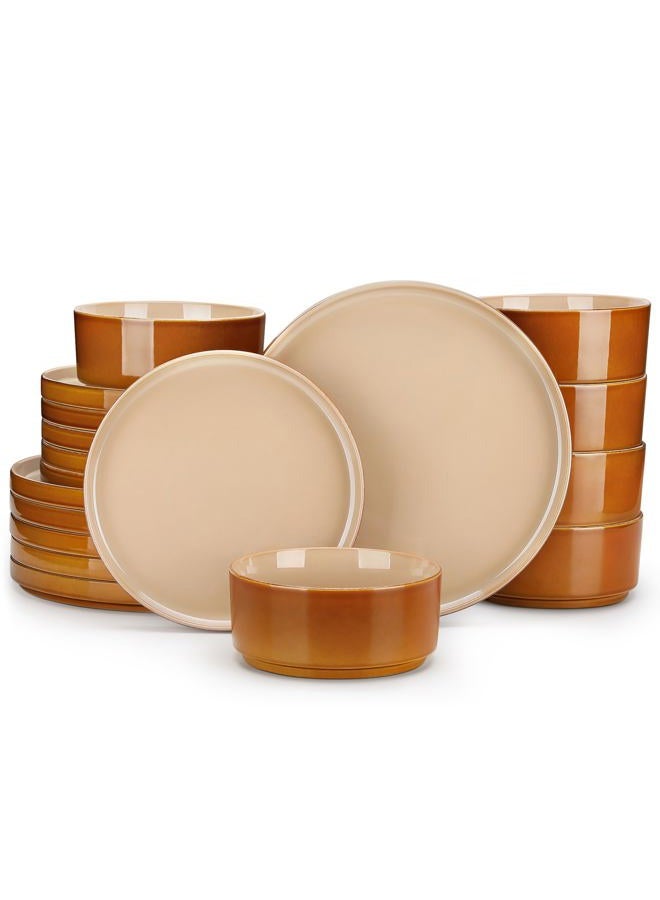 vancasso ONION Ceramic Plates and Bowls Sets, 18 Pieces Brown Dinnerware Sets for Kitchen, Reactive Glaze Dishes Set for 6, Dishwasher and Microwave Safe - Image 1