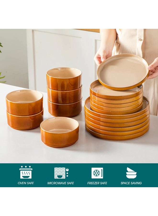 vancasso ONION Ceramic Plates and Bowls Sets, 18 Pieces Brown Dinnerware Sets for Kitchen, Reactive Glaze Dishes Set for 6, Dishwasher and Microwave Safe - Image 4