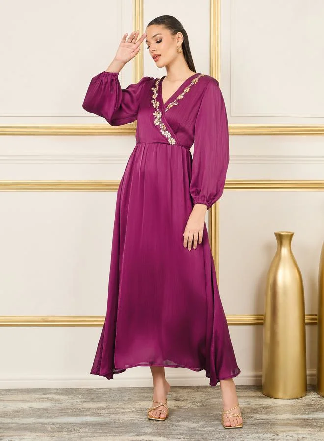 ستايلي Satin Stone Beaded Detail A-Line Maxi Dress
