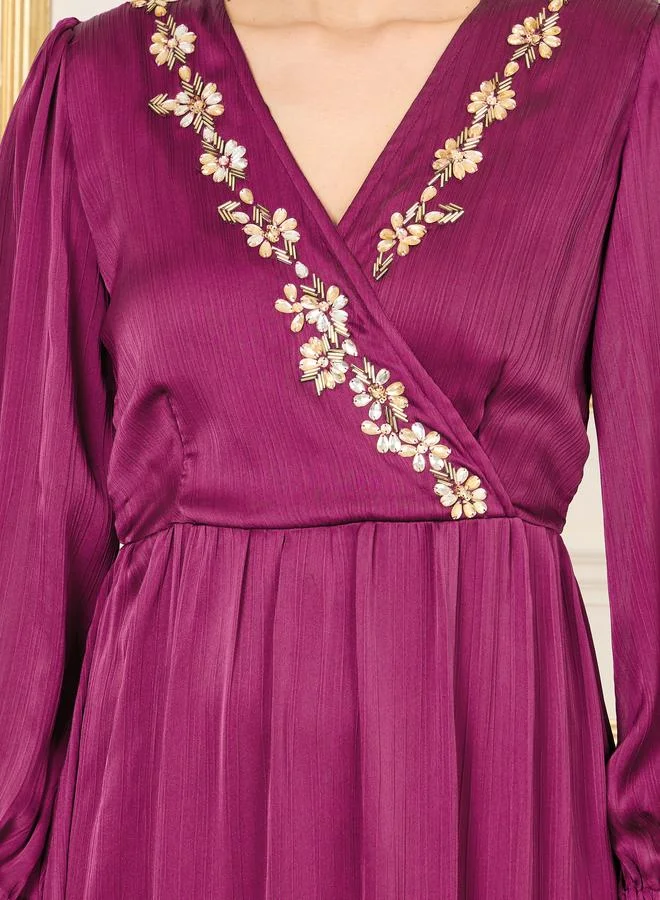 ستايلي Satin Stone Beaded Detail A-Line Maxi Dress