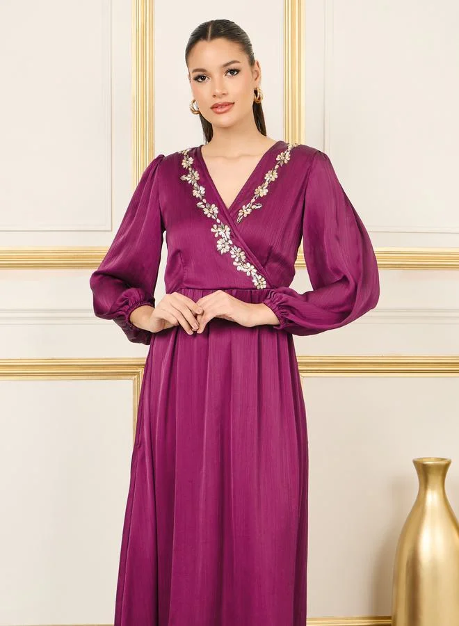 ستايلي Satin Stone Beaded Detail A-Line Maxi Dress