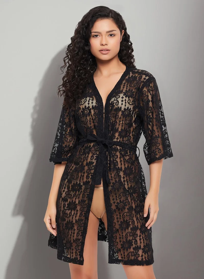 Clovia Clovia Chic Basic Sheer Robe in Black - Lace