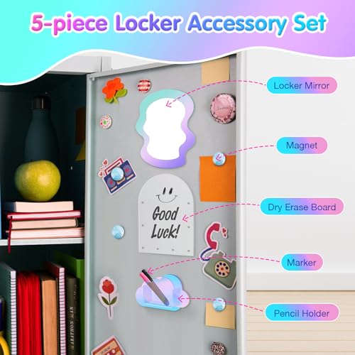MoKo Locker Accessories Set, 5 in 1 Back to School Supplies College Essentials Includes Magnetic Acrylic Board, Locker Mirror, Markers Holder,Marker Pens and Locker Magnets - Image 2