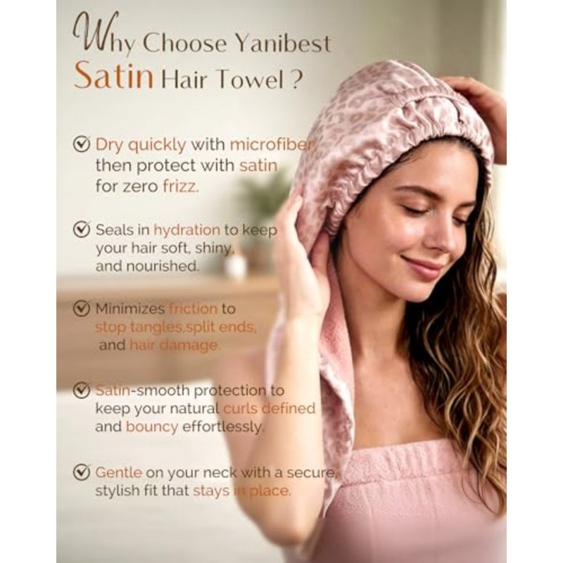 Satin Microfiber Hair Towel Wrap for Women, Fast Drying, Ultra Absorbent, Head Turban with Elastic for All Hair Types - Image 5