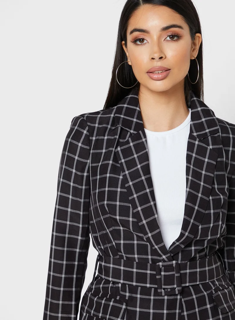 ELLA Checked Longline Belted Blazer