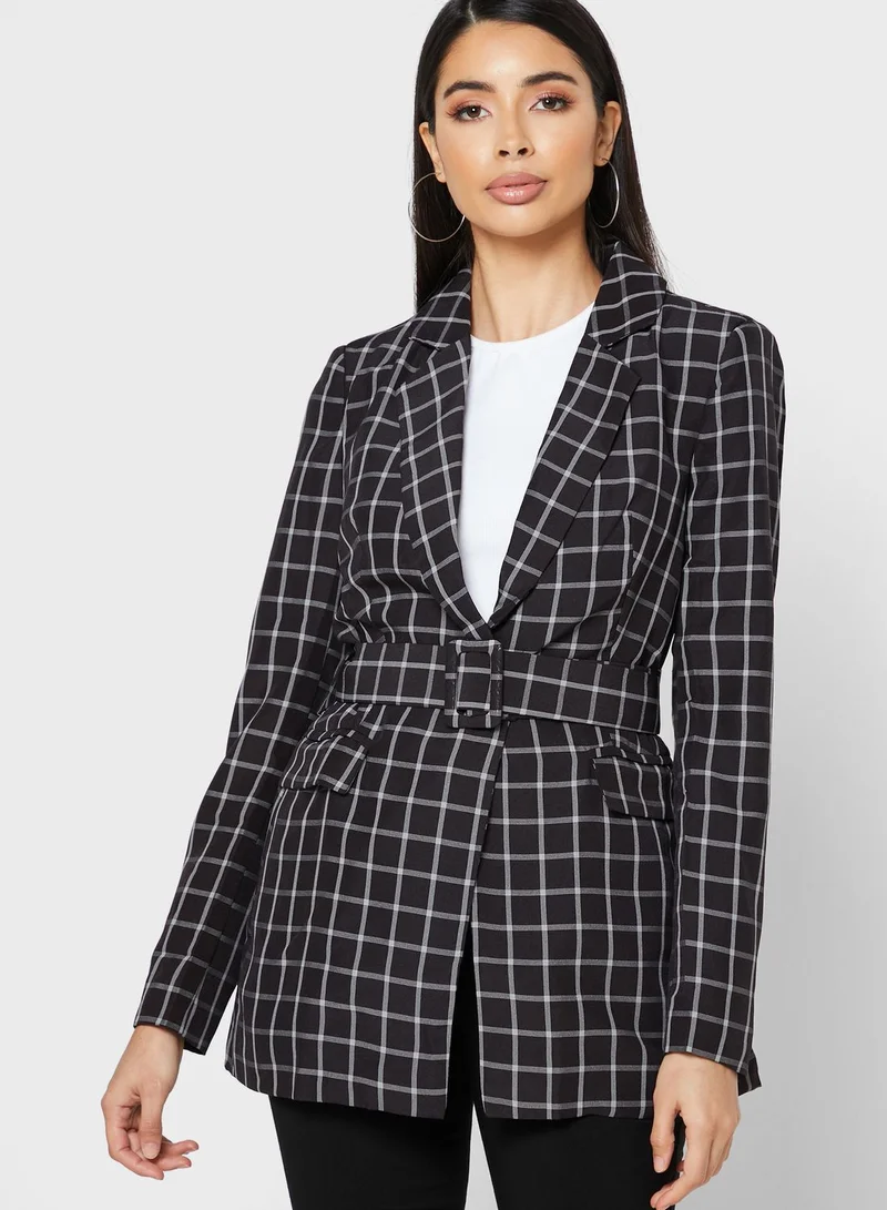 ELLA Checked Longline Belted Blazer