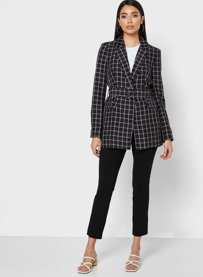 ELLA Checked Longline Belted Blazer