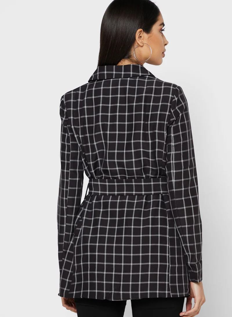 ELLA Checked Longline Belted Blazer
