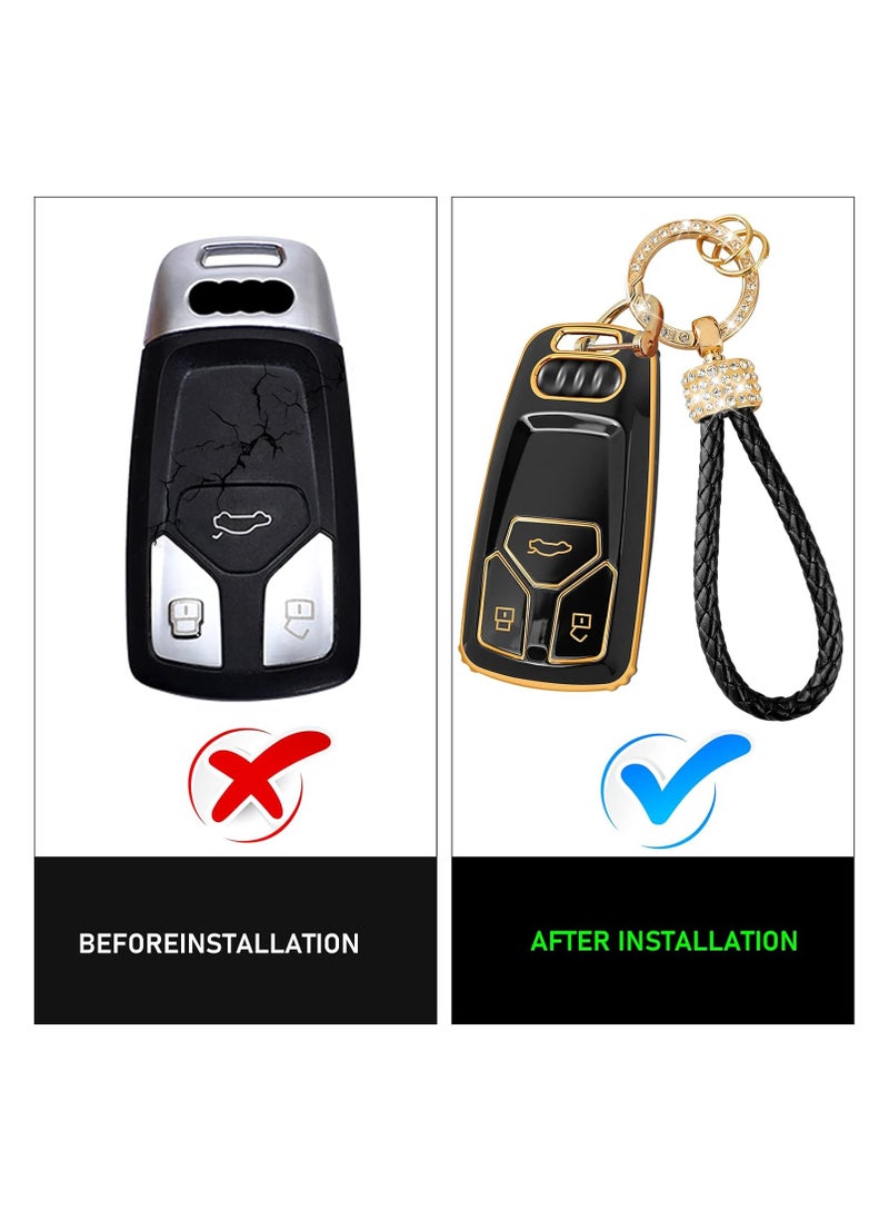 Generic - Car Key Cover for Audi - B3 Buttons TPU Silicone Remote Key Fob Case - Compatible with A1 A3 A4 A5 A6 Q3 Q5 Q7 S3 S4 RS5 RS6 TT - Keyless Entry Shell Protector with Keychain - Black - Image 1