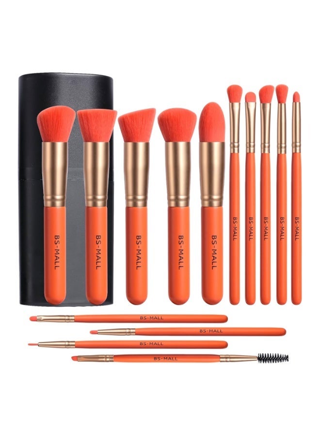 BS Mall BS-MALL Makeup Brush Set 14 Pcs With Case - Foundation Brush, Concealer Brush, Blush Brush & Flawless Application – Complete Luxury Cosmetic Brush Kit For Travel & Daily Use - Orange - Image 1