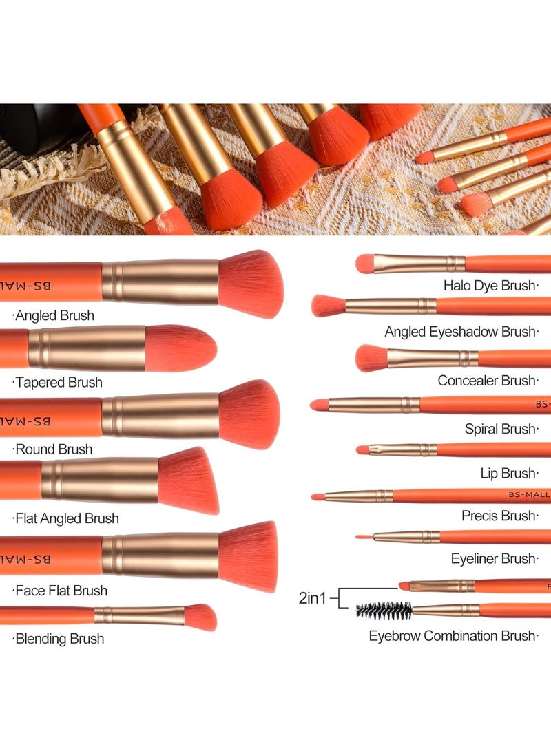 BS Mall BS-MALL Makeup Brush Set 14 Pcs With Case - Foundation Brush, Concealer Brush, Blush Brush & Flawless Application – Complete Luxury Cosmetic Brush Kit For Travel & Daily Use - Orange - Image 2