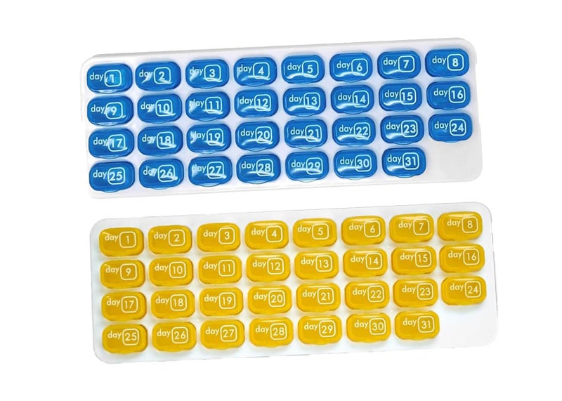 pill thing AM/PM 31 Day Monthly Pill Organizer Holder with Removable Medication Pods and Bonus Medical Alert Card - Blue for Morning & Grey for Evening (Blue & Yellow) - Image 1