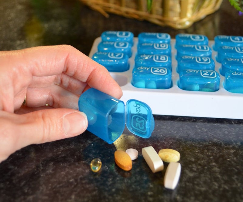 pill thing AM/PM 31 Day Monthly Pill Organizer Holder with Removable Medication Pods and Bonus Medical Alert Card - Blue for Morning & Grey for Evening (Blue & Yellow) - Image 4