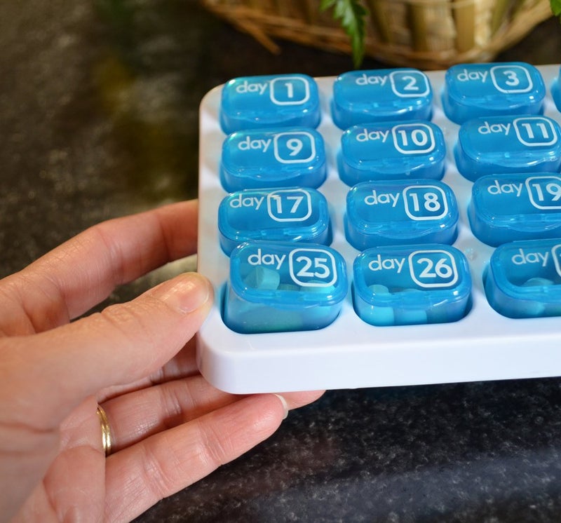 pill thing AM/PM 31 Day Monthly Pill Organizer Holder with Removable Medication Pods and Bonus Medical Alert Card - Blue for Morning & Grey for Evening (Blue & Yellow) - Image 3