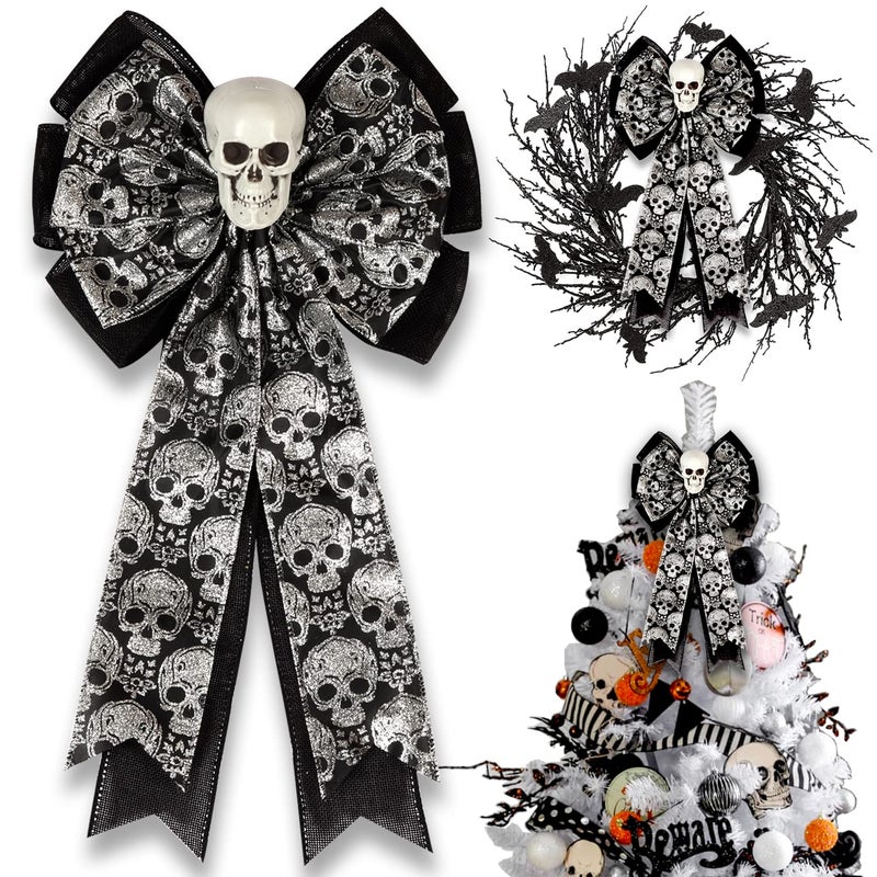 Skull Gothic DecorHalloween Bows for Wreaths Decorations Halloween Tree Topper Bow Decorative Bow with Skull Glitter Silver Black Burlap for Fall Home Front Door Outdoor
