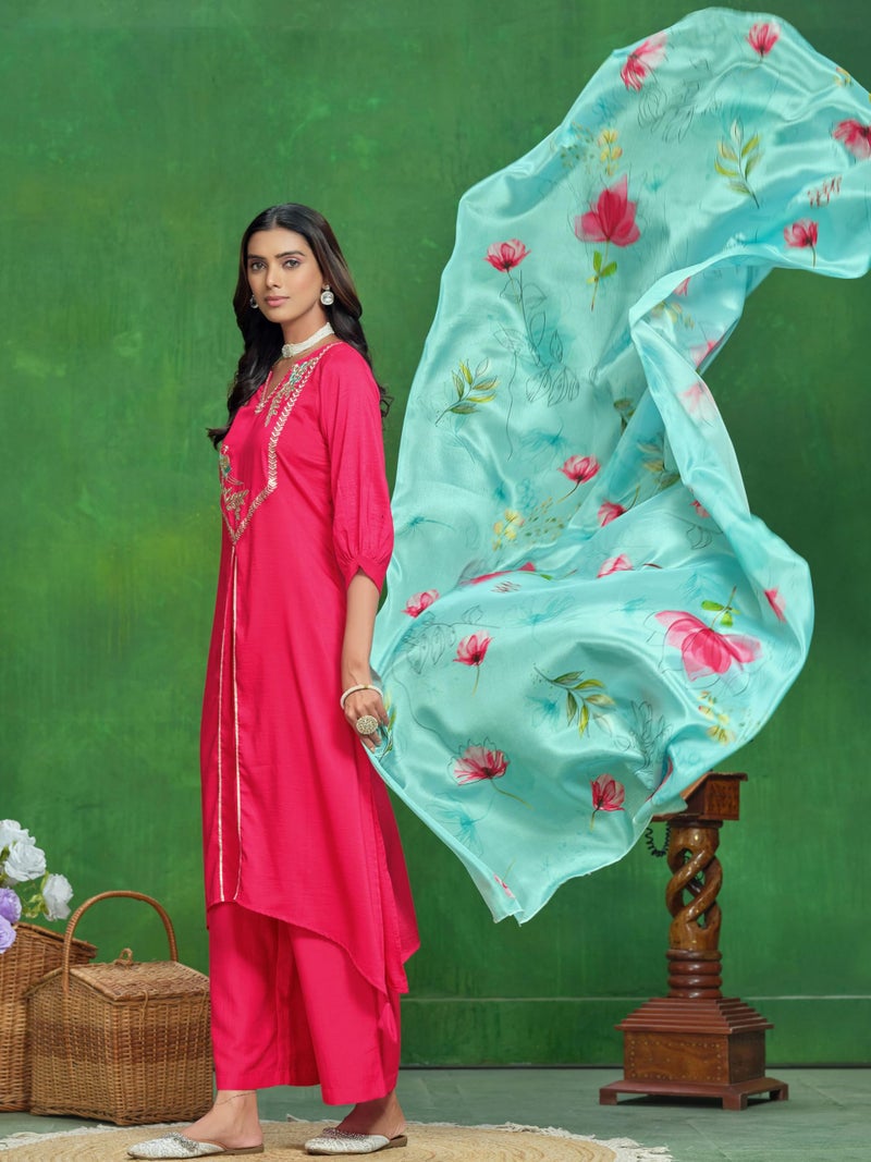 EthnicJunction Women's Embroidered Cotton Silk Asymmetrical Kurta Palazzo with Digital Print Dupatta Pink - Image 2