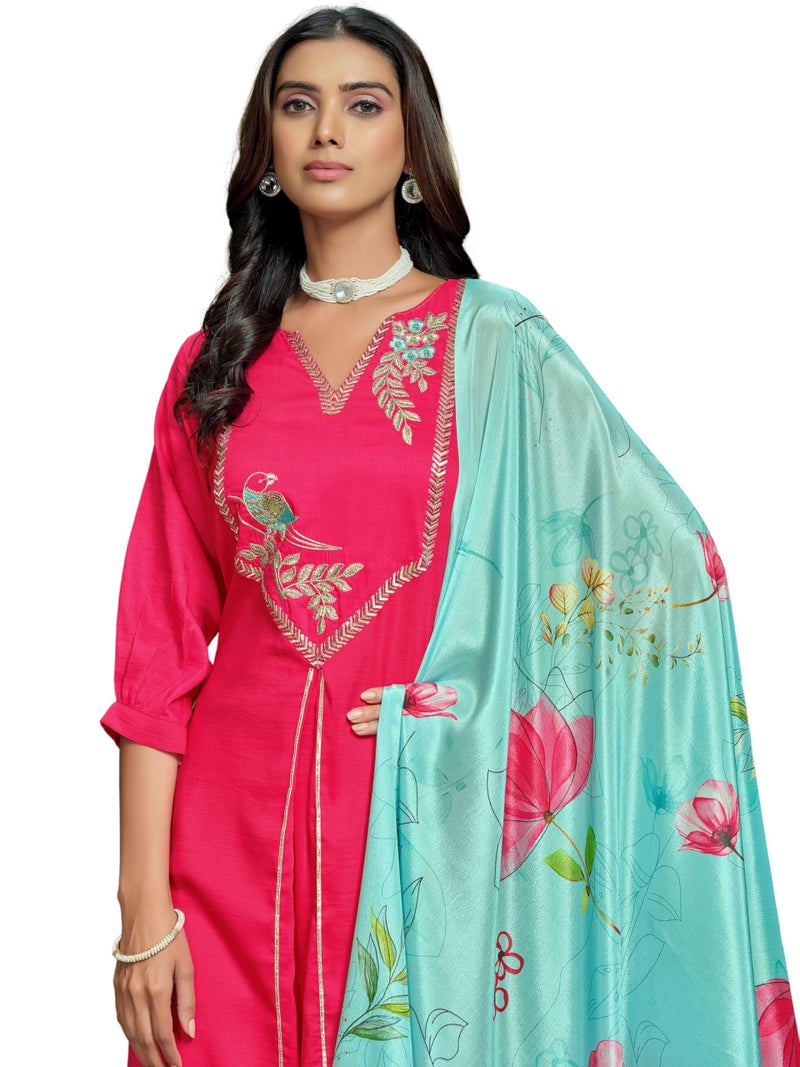 EthnicJunction Women's Embroidered Cotton Silk Asymmetrical Kurta Palazzo with Digital Print Dupatta Pink - Image 1
