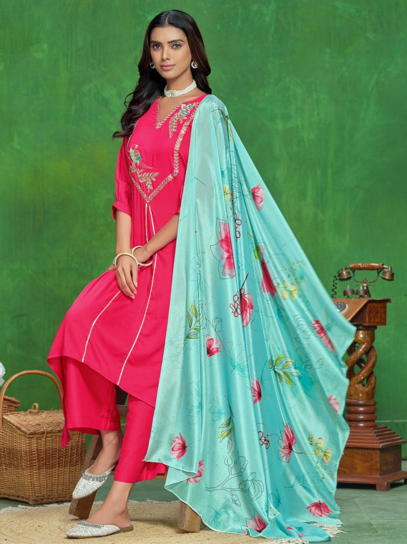 EthnicJunction Women's Embroidered Cotton Silk Asymmetrical Kurta Palazzo with Digital Print Dupatta Pink - Image 3