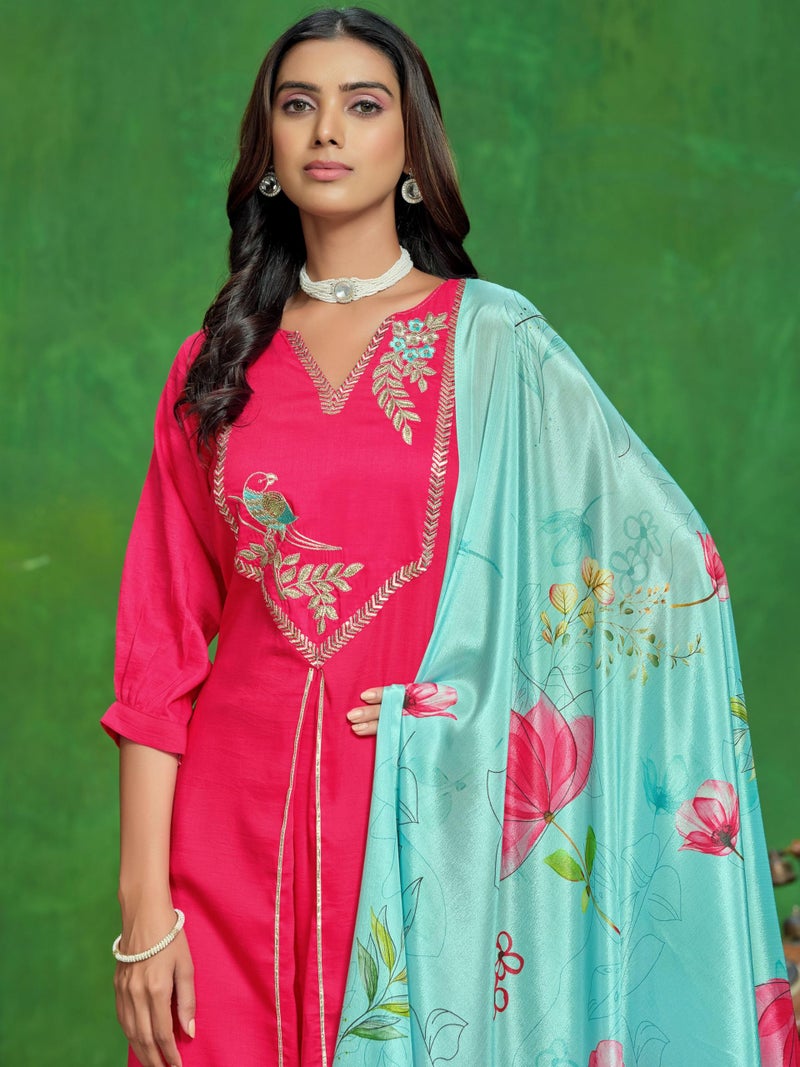 EthnicJunction Women's Embroidered Cotton Silk Asymmetrical Kurta Palazzo with Digital Print Dupatta Pink - Image 4