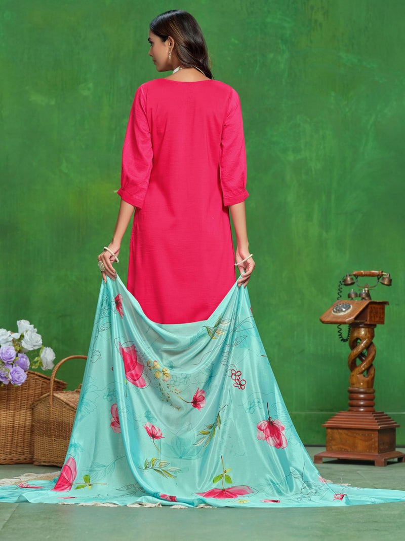 EthnicJunction Women's Embroidered Cotton Silk Asymmetrical Kurta Palazzo with Digital Print Dupatta Pink - Image 5