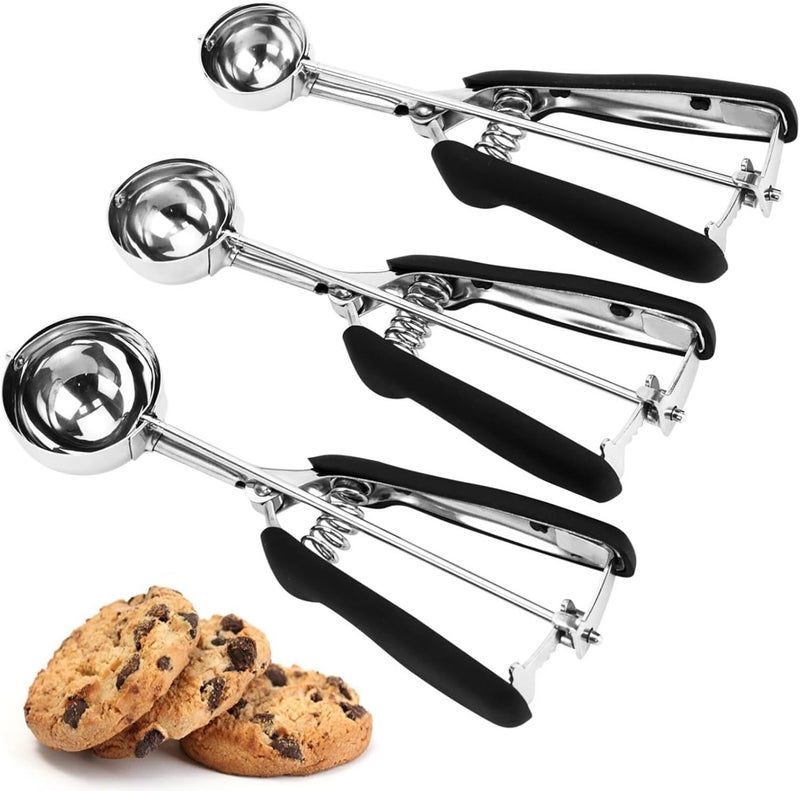 LLESCA Cookie Scoop Set, 3Pcs Ice Cream Scoop, Cookie Scoops for Baking Set of 3, 18/8 Stainless Steel Cookie Scooper for Baking, Ice Cream Scooper with Trigger Release, Cookie Dough Scoop with Non-slip Grip - Image 1
