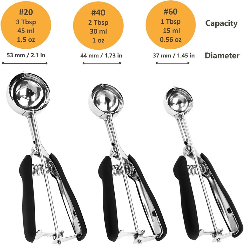 LLESCA Cookie Scoop Set, 3Pcs Ice Cream Scoop, Cookie Scoops for Baking Set of 3, 18/8 Stainless Steel Cookie Scooper for Baking, Ice Cream Scooper with Trigger Release, Cookie Dough Scoop with Non-slip Grip - Image 2