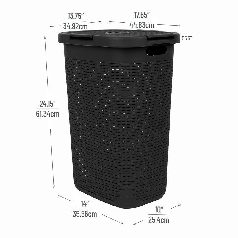 Mind Reader 60L Slim Laundry Hamper, Clothes Basket, Lid, Wicker Design, Plastic, 17.65"L x 13.75"W x 24.15"H, Black - Image 3