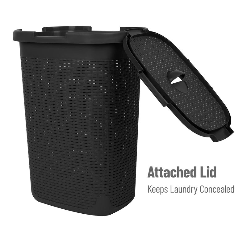 Mind Reader 60L Slim Laundry Hamper, Clothes Basket, Lid, Wicker Design, Plastic, 17.65"L x 13.75"W x 24.15"H, Black - Image 5