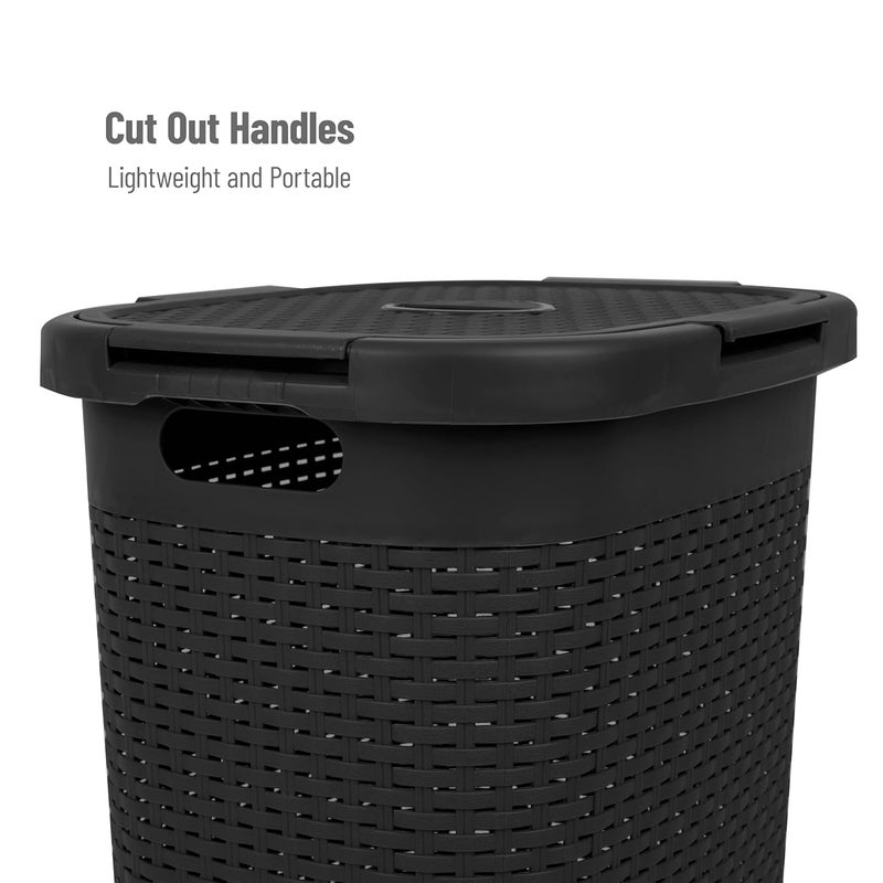 Mind Reader 60L Slim Laundry Hamper, Clothes Basket, Lid, Wicker Design, Plastic, 17.65"L x 13.75"W x 24.15"H, Black - Image 4