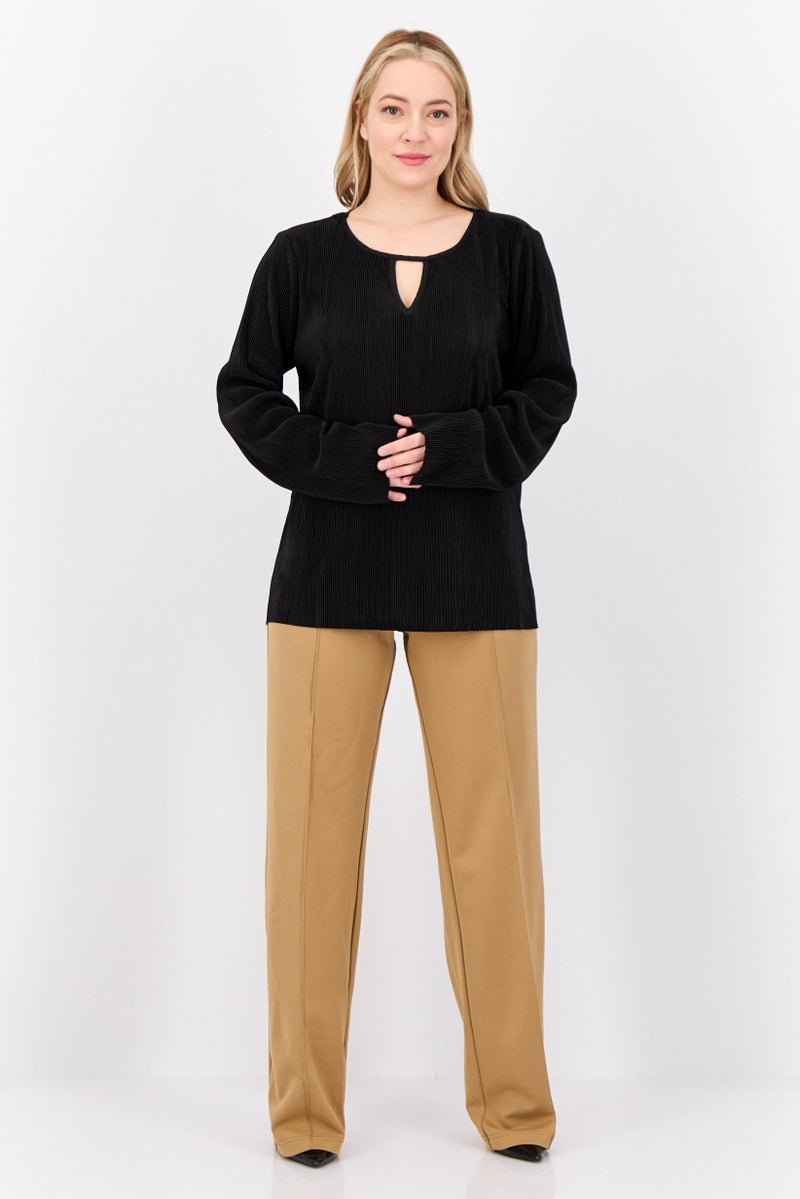 Cyrus بلوزة نسائية بأكمام طويلة وياقة دائرية، سوداء - Image 3
